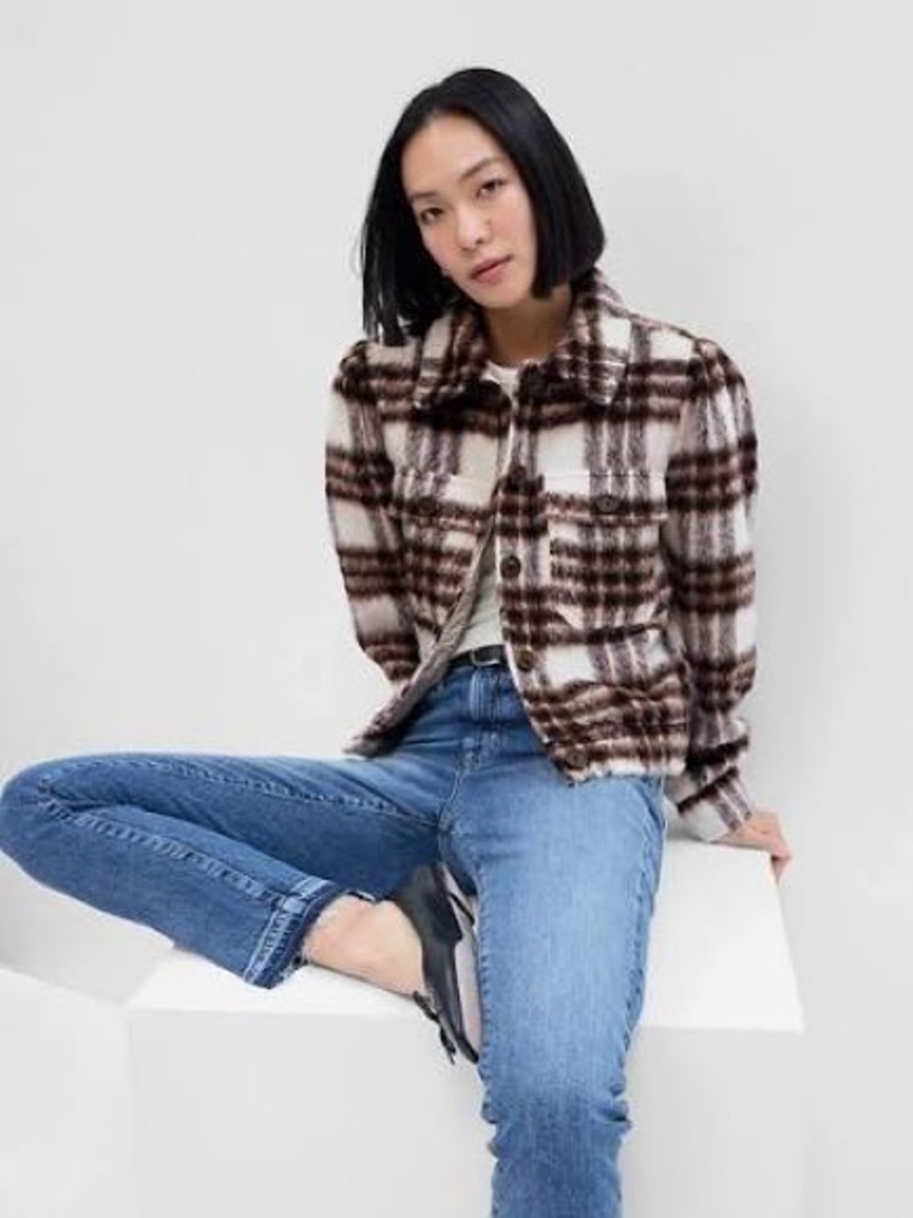 GAP Plaid Button-Front Shacket Jacket in Brown & Cream - size XXL